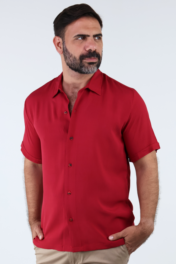 Camisa Manga Corta Roja Corte Amplio Sin Bolsas Para Caballero
